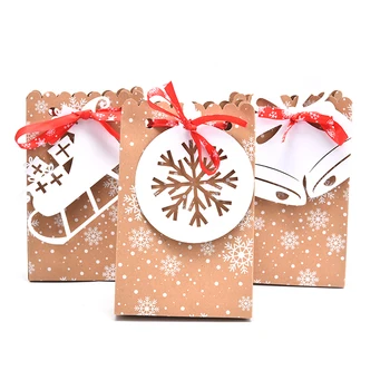 

12Pcs Christmas Kraft Paper Bags Candy Bar Sweet Candy Cookie Packaging Box With White Tag Ribbon New Year 2020