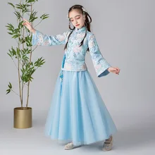 Платье с цветочным узором для девочек в китайском стиле; платье для свадебной вечеринки; вечернее платье на Рождество; длинный костюм для девочек; детское нарядное платье принцессы