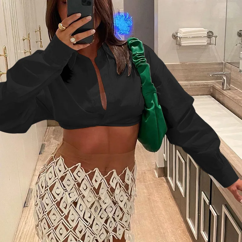 

Женский пикантный укороченный топ, модная короткая рубашка на шнуровке с длинным рукавом, элегантные однобортные рубашки с вырезами, повседневные топы, женская уличная одежда