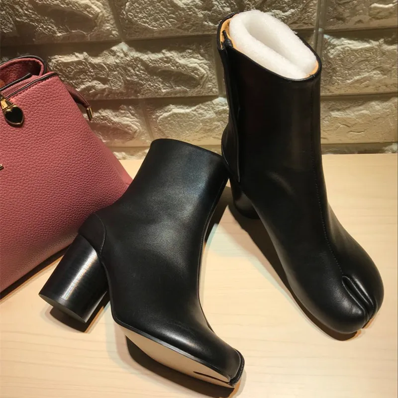 Г. Tabi/Зимние ботильоны женские ботинки из воловьей кожи на высоком каблуке женские роскошные брендовые дизайнерские ботинки с круглым носком на каблуке