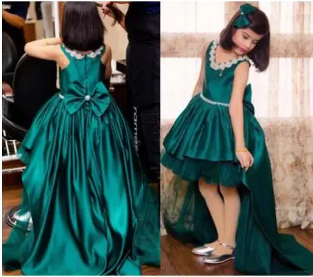 Зеленое атласное платье с цветочным узором для девочек, с бантом и кристаллами, с коротким шлейфом, на заказ, Детские пышные платья с v-образным вырезом, Vestidos De Fiesta - Цвет: same as picture