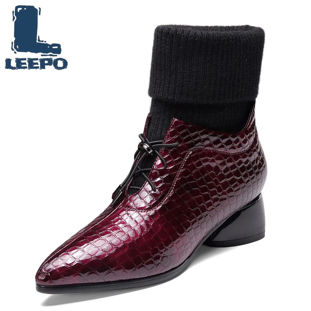

Mid Calf Boots for Women Cow Leather Snake Pattern Stretch Knitted Wool Female Luxury High Quality Shoes Warm Winter Boots Woman