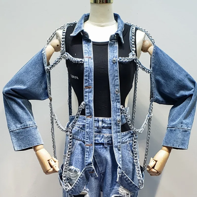 blue Fashion Tide Autumn New Casual Fashion Temperament Women Jacket Loose Plus Long-sleeved Iron Chain Jewelry Denim Coat TC571 - Color: blue