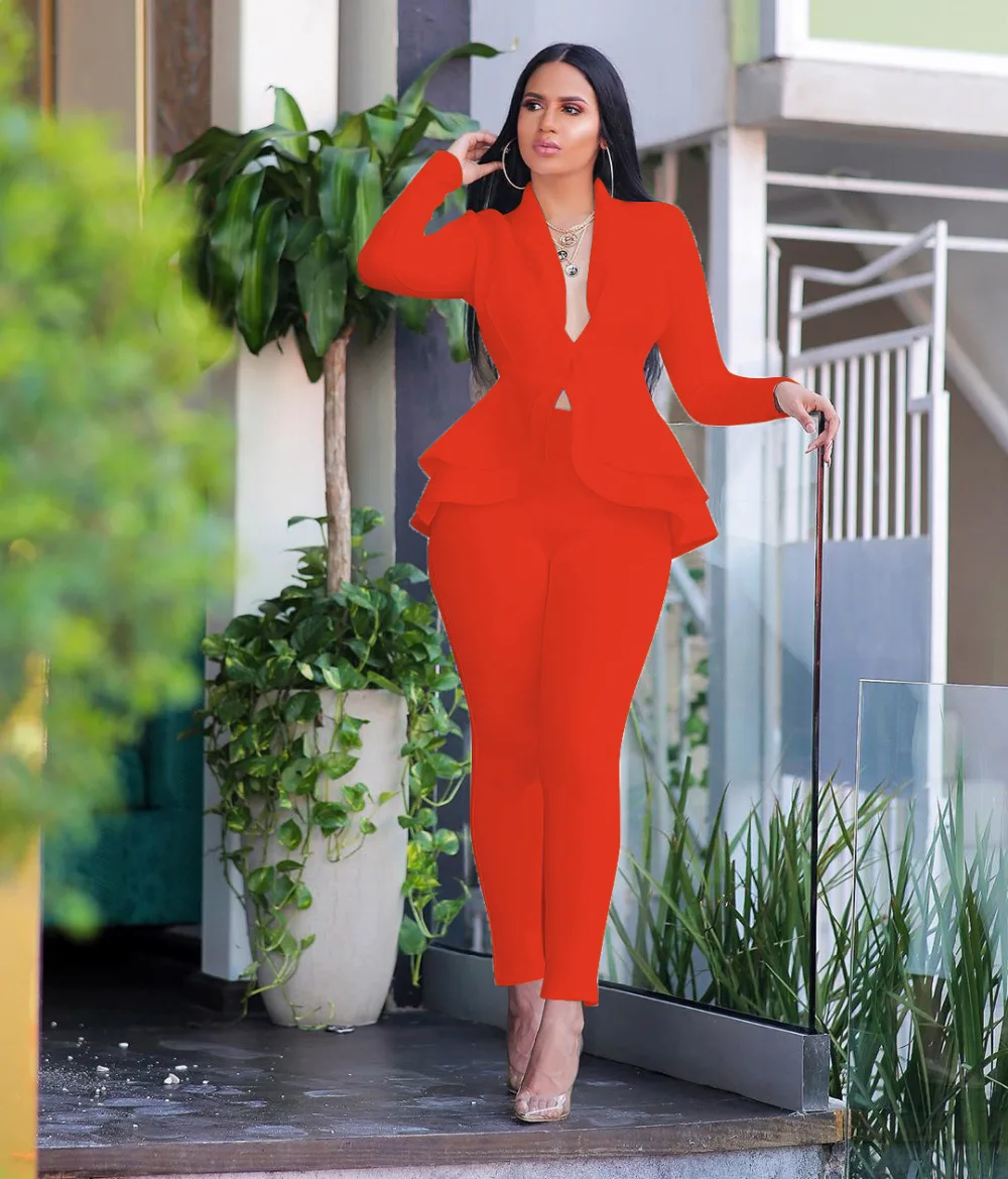 New Women Winter Women's Set Tracksuit Full Sleeve Ruffles Blazers Pencil Pants Suit Two Piece Set Office Lady Outfits Uniform plus size dressy pant suits