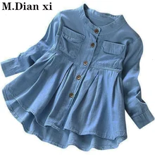 Детская рубашка Новинка весны осенние джинсовые комбинезоны для девочек; хлопковые рубашки с длинным рукавом и стоячим воротником Джинсовая рубашка в Для детей, малышей джинсовая рубашка