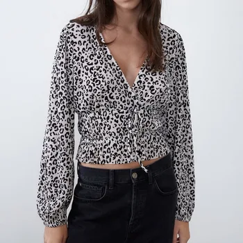 

Women Blouse Spring 2020 New Fashion Wrinkled Knit Material Full Sleeve V-Neck Modern Lady Chic Pullover Prints Shirt
