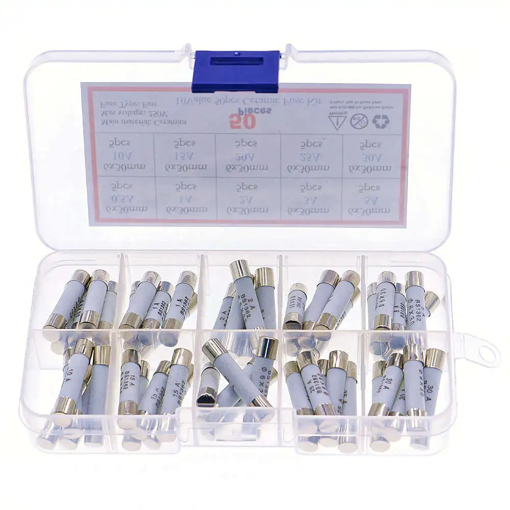 50pcs/Box 6mm x 30mm 250V Fast Blow Ceramic Fuse Assortment Kit 0.5A 1A 2A 3A 5A 10A 15A 20A 25A 30A