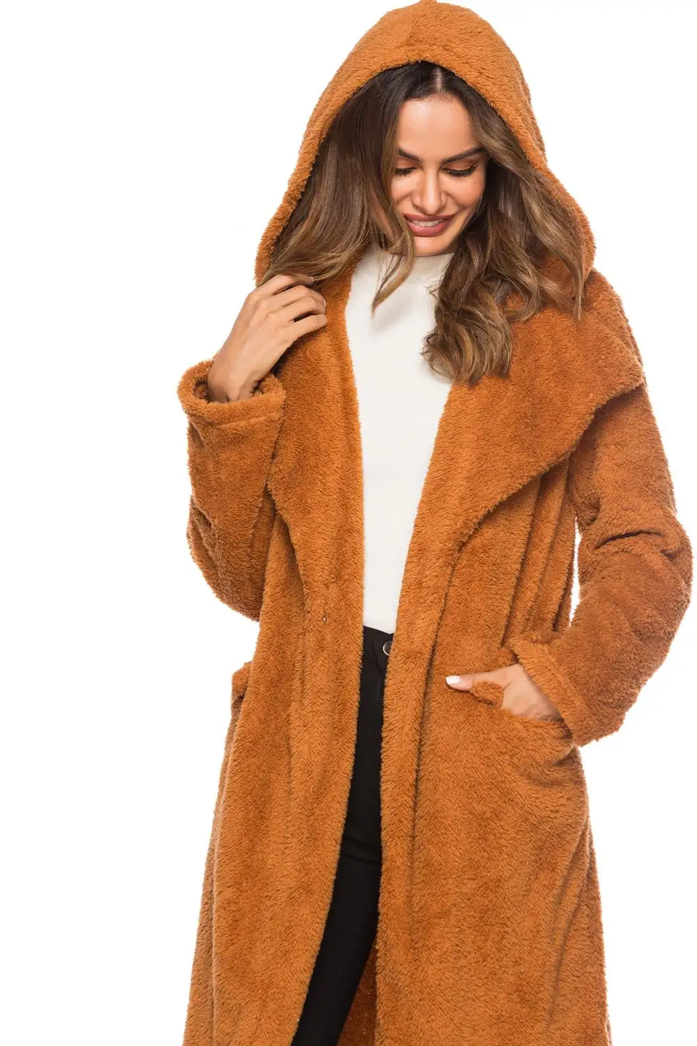 

2019 winter women plush long outerwear hooded fleece thick warm long overcoat female faux fur fashion trench coat