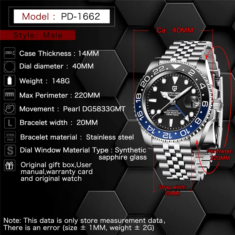 PAGANI DESIGN 40mm GMT Men's Mechanical Watches 100M Waterproof Top Brand Sapphire Glass Stainless Steel Business Men's Watch 4