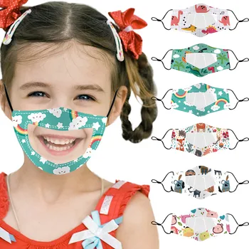 

6PC Children Outdoor Mask With Clear Window Visible Expression For Deaf Mute Cycling Camp Protection Printing Face Mouth Mask