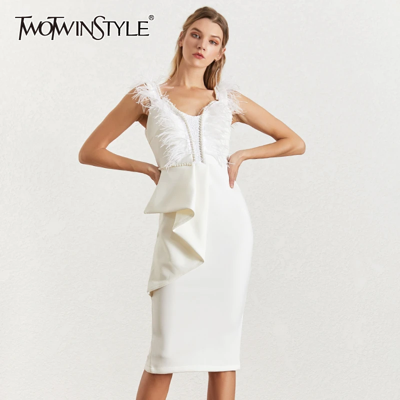 

TWOTWINSTYLE Evening Party Dress Women Sleeveless Tassel Patchwork Ruffles Slim Split Summer Dresses Female 2019 Fashion New