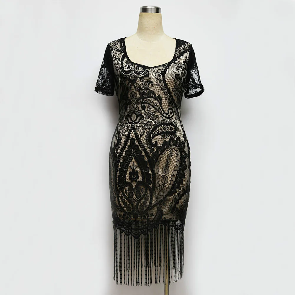 Black KAUNISSINA Tassel Cocktail Dress Short Sleeve Pencil Gown Bodycon Club Dresses Ladies Elegant Lace Homecoming Robe - Цвет: Black