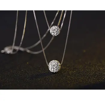 

925 Sterling Silver Double Layer Shiny CZ Zirconia Crystal Lucky Ball Pendant Necklace For Women Gift kolye collares bijoux