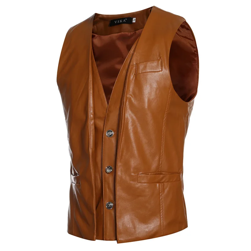 Men's Vest Retro Two-piece Design Male Casual Slim Leather Vest Fashion Sleeveless Jacket Coat For Men - Цвет: Light Brown