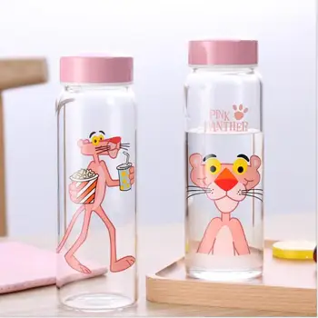 

TSSAAG 500ml Lovely Pink Panther Kids Water Bottle Cartoon Glass Bottle for Students Girls Children