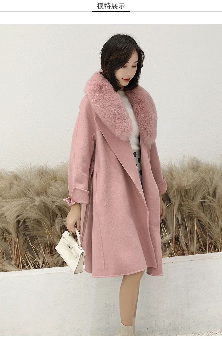 Excellent Women 2019 Winter Natural Fox Fur Collar Double-Sided Wool Blends Coat Female Thicken Warm Sheep Shearing Long Overcoat 3