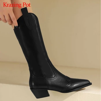 

Krazing pot western boots real leather british design all-match pointed toe thick med heel zipper young lady mid-calf boots L8f3