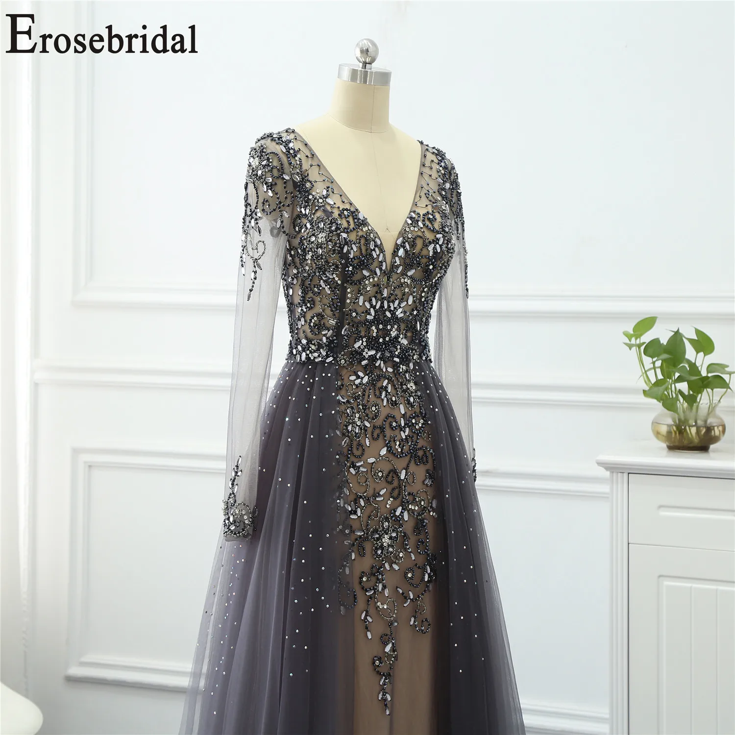 Erosebridal платья с длинным рукавом для особых случаев для женщин вечернее платье Длинные официальные платья вечерние платья тюль ткань с бисером