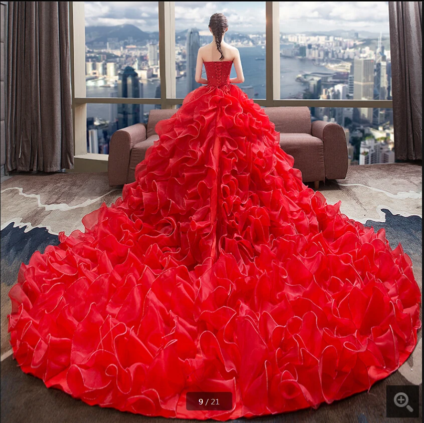 Robe de Mariage, красное бальное платье из органзы с оборками, свадебное платье, сильно Расшитое Бисером, кристаллы, часовня, поезд, блестящие платья невесты