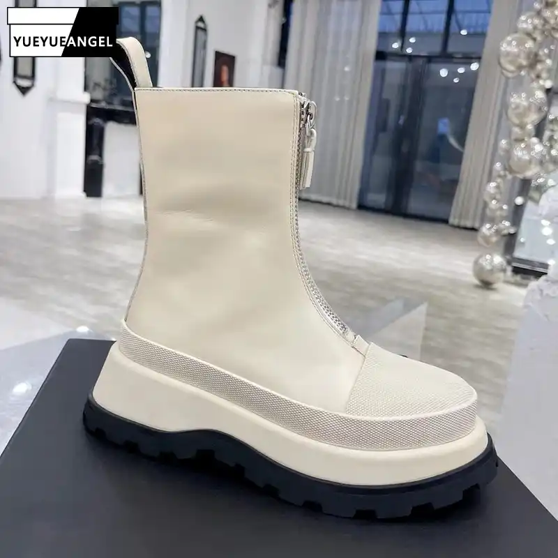 Botines de piel auténtica con plataforma para mujer, botas con cremallera  frontal, punta redonda, estilo británico, color blanco|Botas hasta el  tobillo| - AliExpress