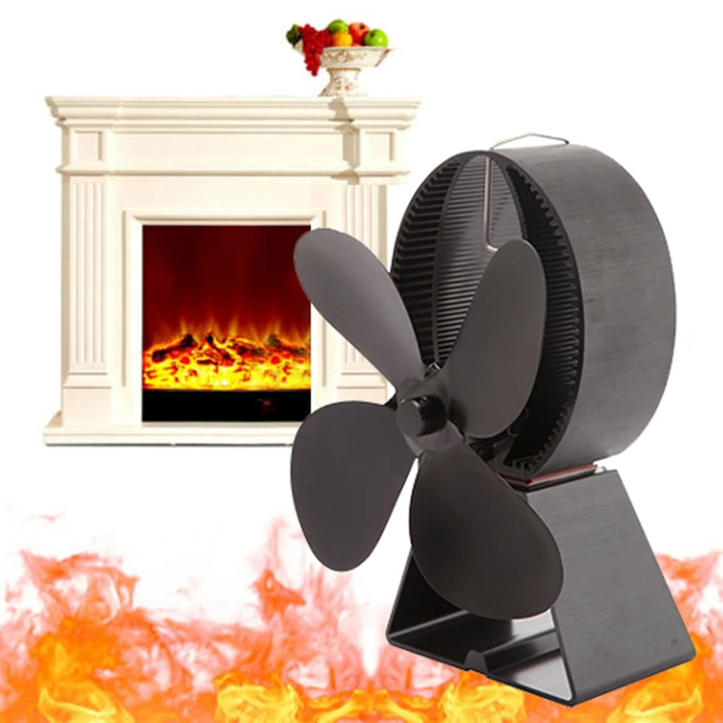 

New Heat Powered 4 Leaves Stove Fireplace Fan Heat-resistant Fan Black 1 Pcs