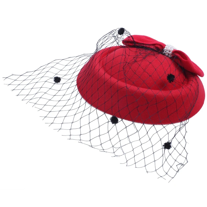 2 шт женские вуалетки шляпа Pillbox шляпа Коктейльные Вечерние шляпы с точками вуаль бант заколка для волос, Королевский синий и красный