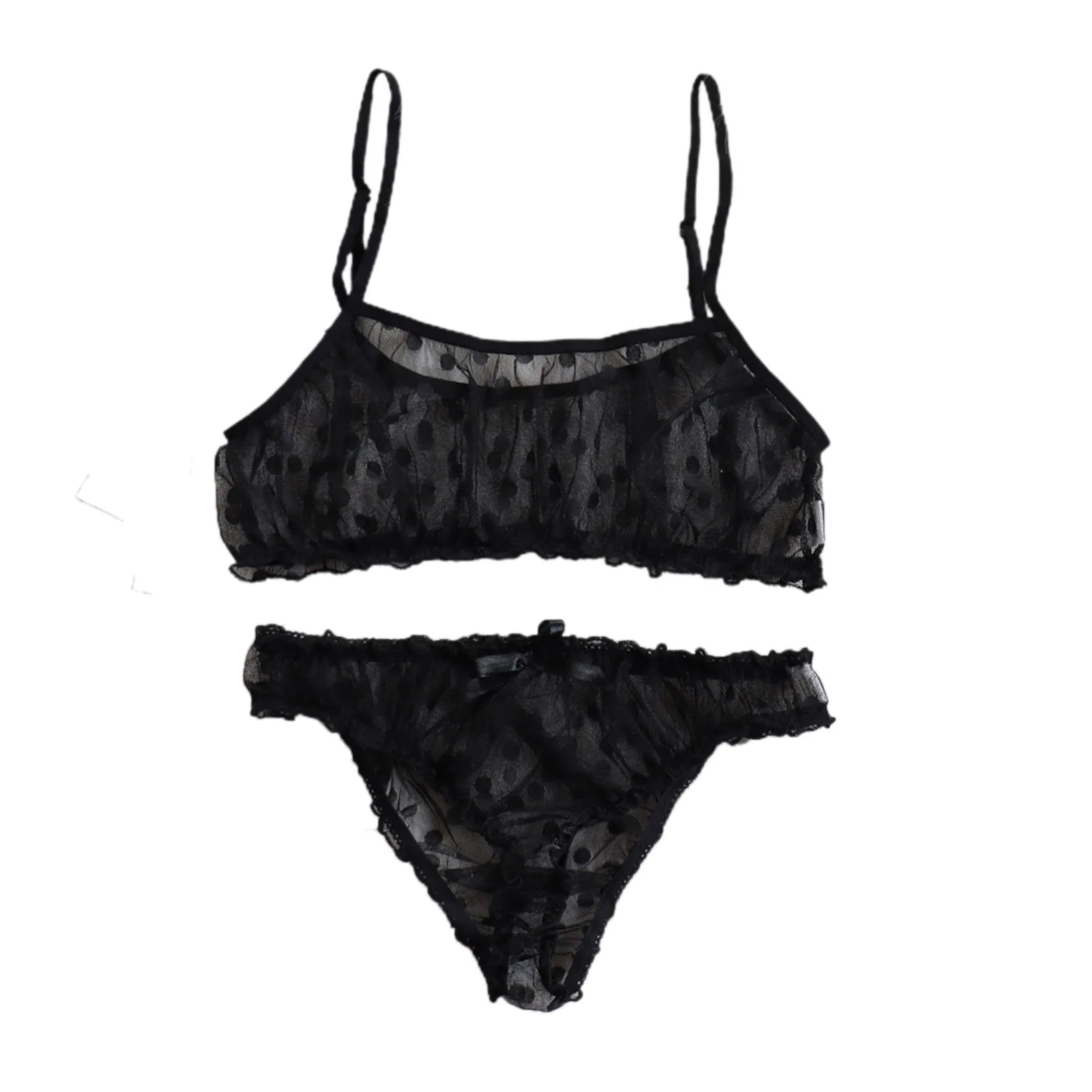 Sexy Lingerie Erotic Underwear Polka Dot Mesh Frill Trim Lace lingerie Set Top Lace Invisible Bra & Brief Set For Women_voghion.com