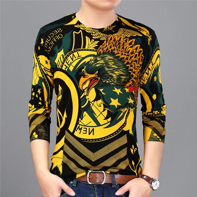 

Gold Sweater Men Pullver Korean Men Fashion Clothing Erkek Kazak Club Party Stage Sweater Trui Heren Animal Print Sweater Men