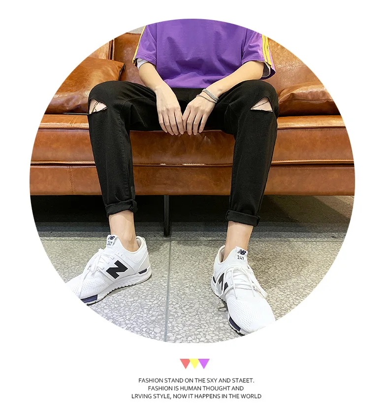 Casual Hole Men Jeans Fashion Slim Ankle Length Denim Pants Solid Jeans Homme Big Size
