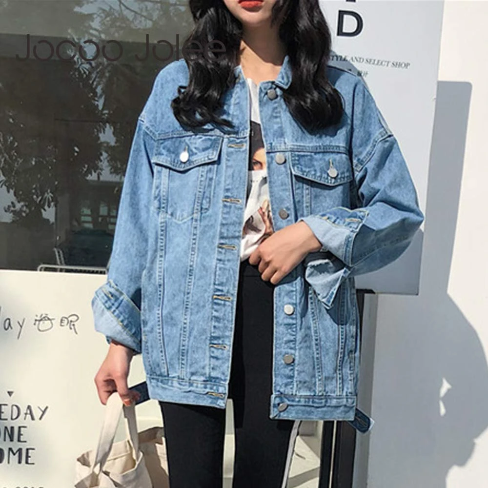 

Jocoo Jolee Women Autumn Causal Long Sleeve Denim Jackets Streetwear Long Jean Coats Vintage Loose Outwear Denim Feminine