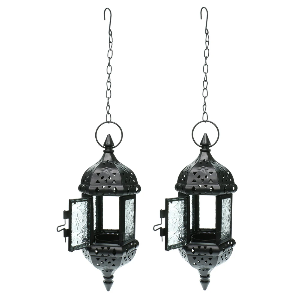 2PCs Moroccan Style Metal & Glass Teal Light Candle  Hanging Lantern Candleholder For Wedding Home Coffee Shop Decor (Black)