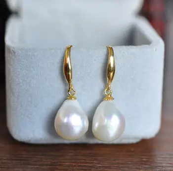 

AAA 12-10mm South Sea White Baroque Pearl Earrings 14 YELLOW GOLD