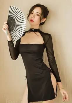 

Ice Silk Lingerie Perspective Split Dress Long Sleeve Sexy Temptation Sleepdress Underwear