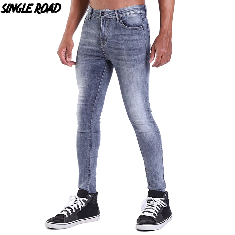 Одиночные дорожные супер обтягивающие джинсы мужские мужские серые байкерские джинсы мужские уличные Стрейчевые джинсовые штаны с эластичной резинкой на талии облегающие брендовые