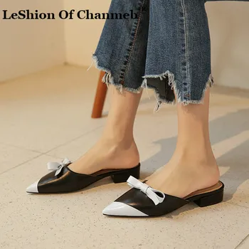 

2020 New Elegant Flats Mules Women Summer Genuine Leather Party Casual Shoes Woman Butterfly Decoration Point Toe Slipper Female