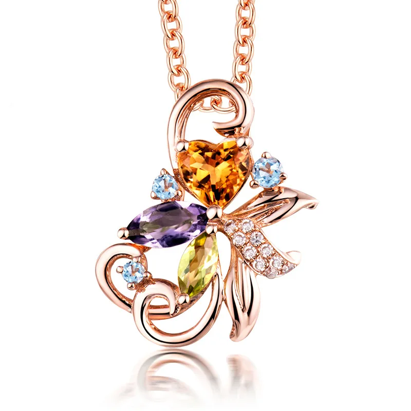 Luxury Rose Gold Color Crystal Pendant Necklace For Women Lucky Flower Colorful Gemstone Pendant