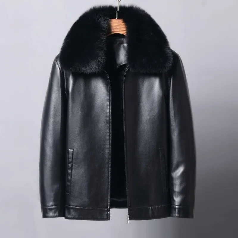 Winter Rabbit Real Fur Lining Warm Mens High Quality Pu Leather Jacket Real Fox Fur Collar Business Slim Fit Thick Coat 4XL