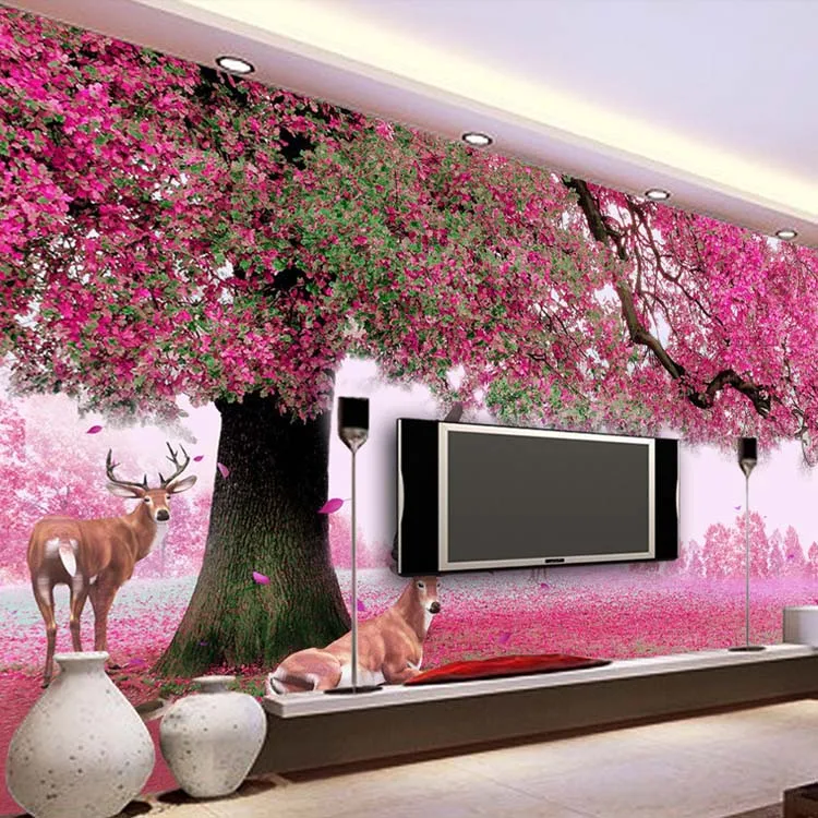 3D rural pink cherry tree elk wallpaper living room sofa TV background wall bedroom papel DE parede mural | Обустройство дома