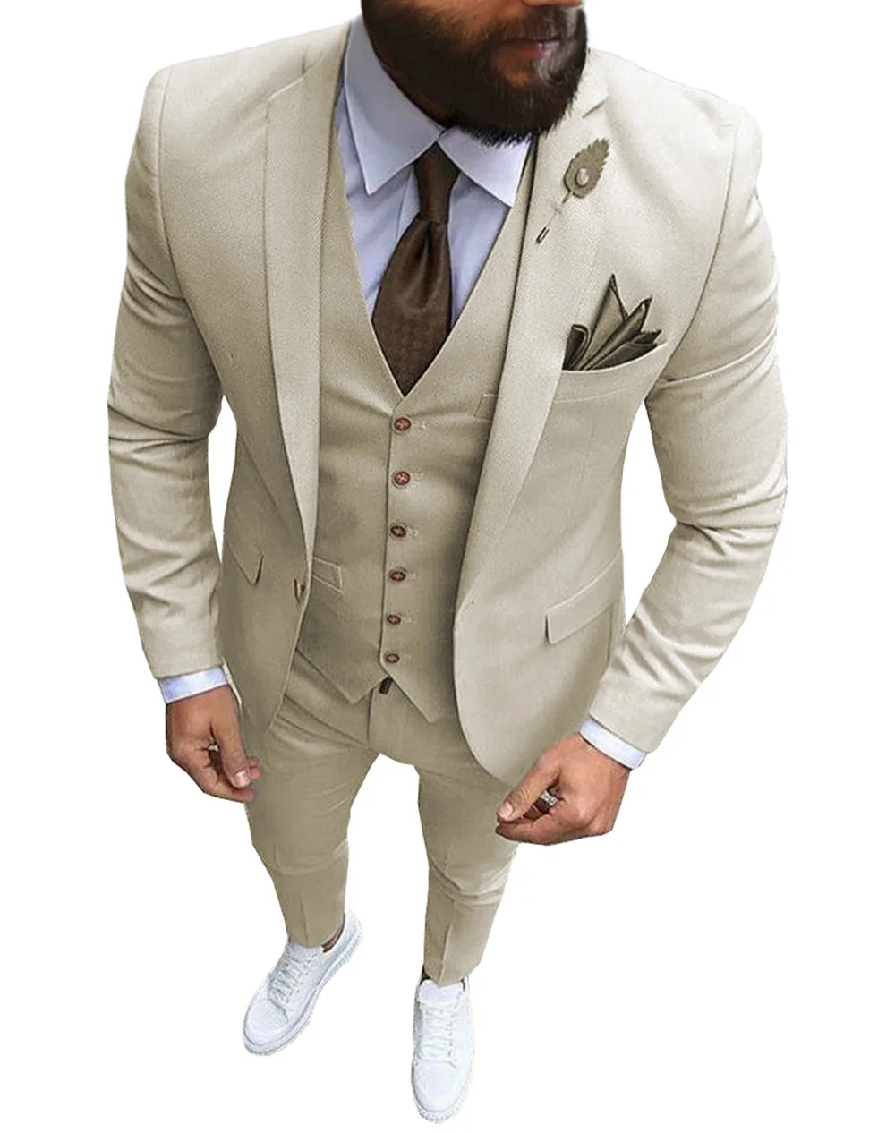 Los hombres 3 piezas trajes Slim Fit Casual de negocios champán solapa caqui Formal esmoquin para padrinos de Boda (chaqueta + Pantalones + chaleco)