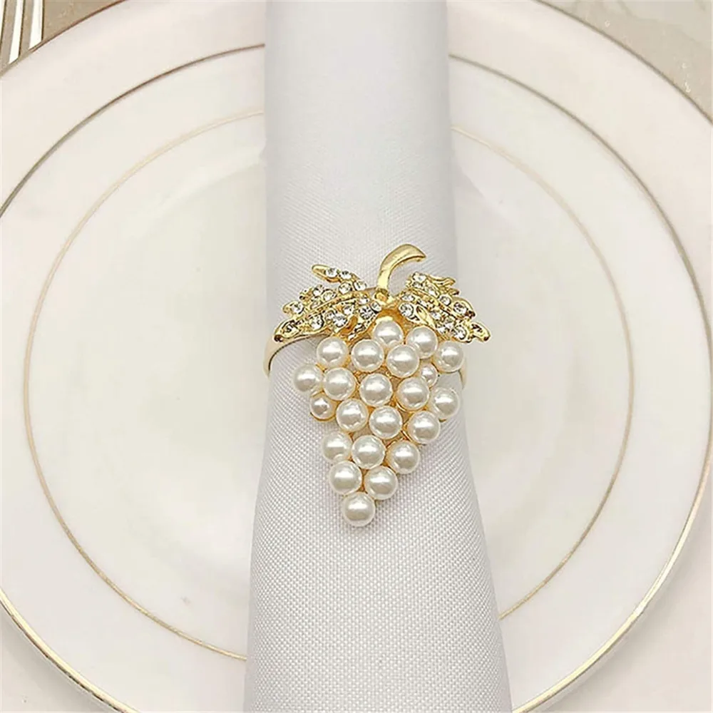 6pcs Grapes Napkin Rings Set With Glittering Fake Diamond Pearls Alloy Napkin Ring Holder For Parties Holiday Daily