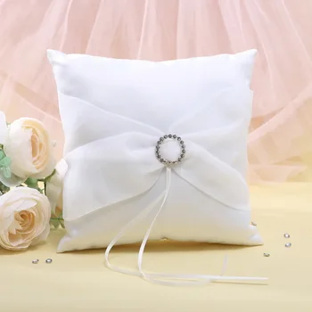 

White Color Rhinestone Bowknot Ribbons Sash Satin Rayon Ring Pillow
