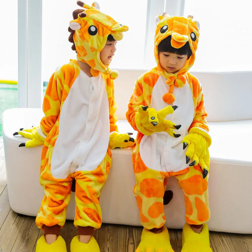 Детские цельные пижамы с рисунками животных, динозавров, тигров, теплая бархатная домашняя одежда для мальчиков и девочек