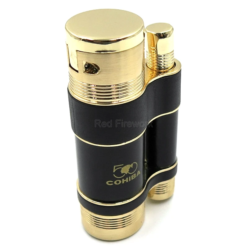 Gold COHIBA желтые и черные карманные металлические ветрозащитные зажигалки 3 синий фонарь огонь пламя сигарета зажигалка W/клапан фонарь регулятор - Цвет: Gold