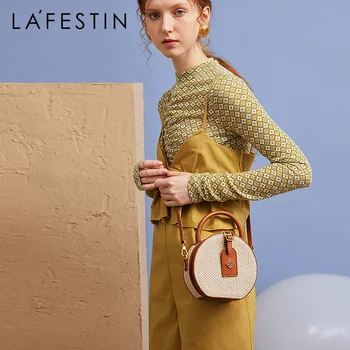 

LAFESTIN 2020 new this year's popular one-shoulder messenger round cake bag canvas hand carry small round bag female