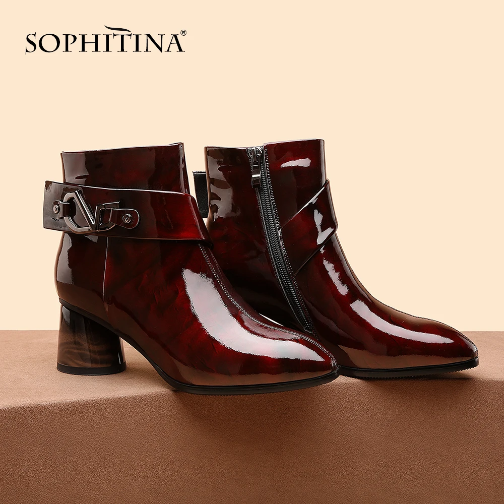 SOPHITINA/Специальный дизайн; ботинки с круглым носком; модная пикантная обувь из лакированной кожи с острым носком; Лидер продаж; женские ботильоны; MO263