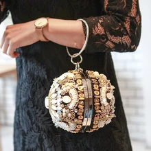 Новая мода Золотая форма боулинг сумки на плечо силивер алмаз и жемчуг бисером мяч браслет женская сумка вечерняя сумка