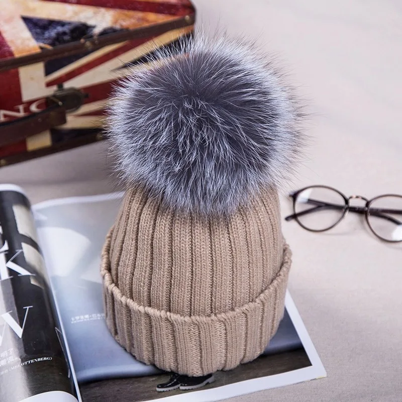 Winter Warm Female Fur Pom Poms hat Spring Hat For Women Girl 's Hat Knitted Beanies Cap Hat Thick Women Skullies Beanies