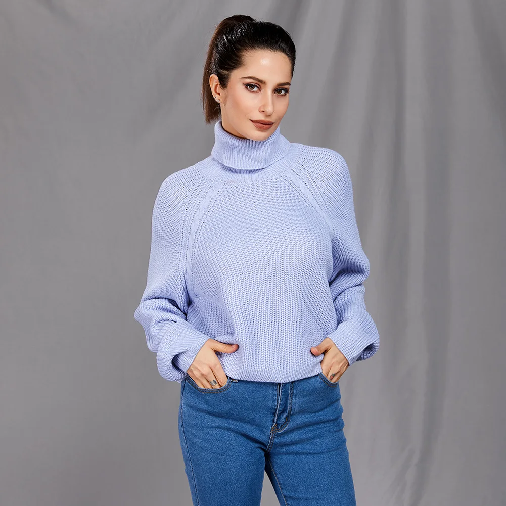 

Bikitique High Neck Knitted Warm Sweater Long Sleeve Loose Solid Winter Pullover Sweater Women's Turtleneck Rib Cuffs Tighten