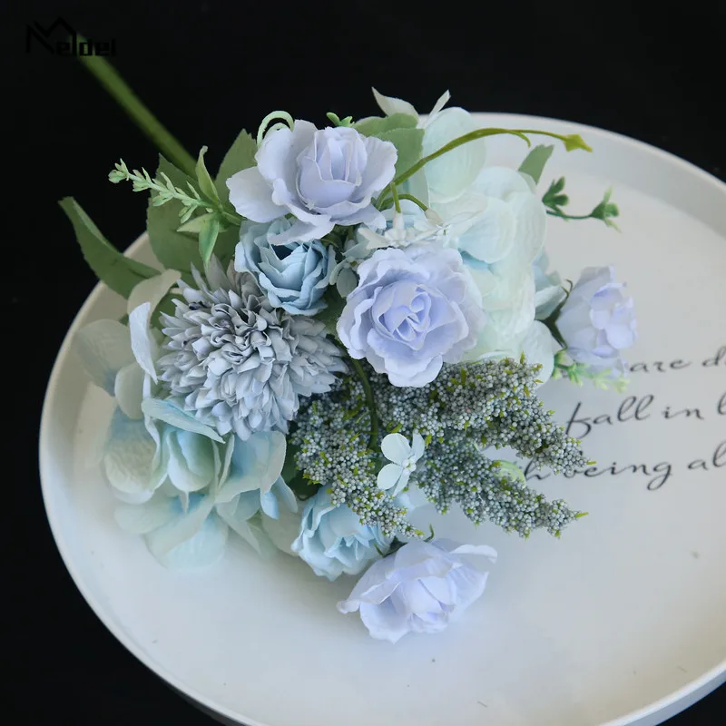 Meldel, искусственные цветы, розы, букет, шелковые гортензии, помпон, для дома, вечерние, декор для комнаты, ванильный Спайк, Свадебные Цветочные букеты - Color: blue