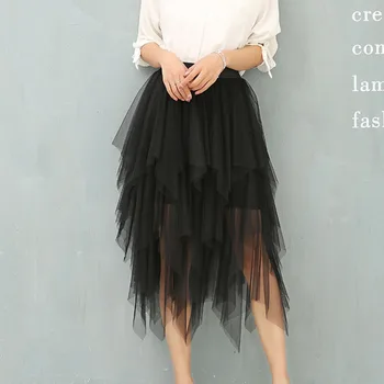 

Women Layered Patchwork Skirt Solid Sweet Summer Skirts High Waist Asymmetrical Mesh Midi Skirt